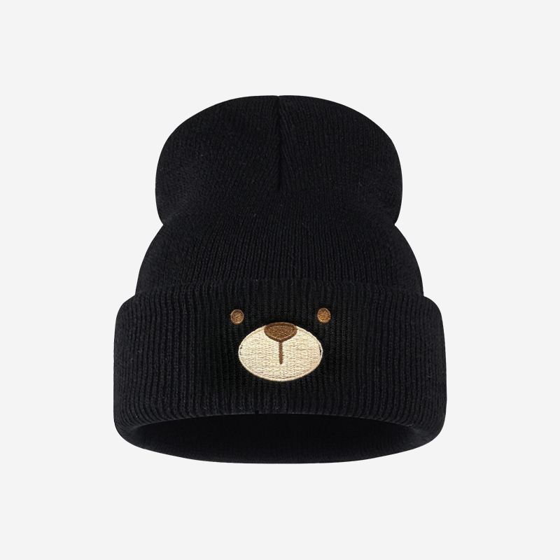 Beanie Cuffed Knit - ファッショナブルで可愛い幼児用（1〜3歳）カフ付きニットビーニー、かわいいクマの顔の刺繍入り、公園の散歩、毎日の外出、遊びの時間、休日の贈り物に最適